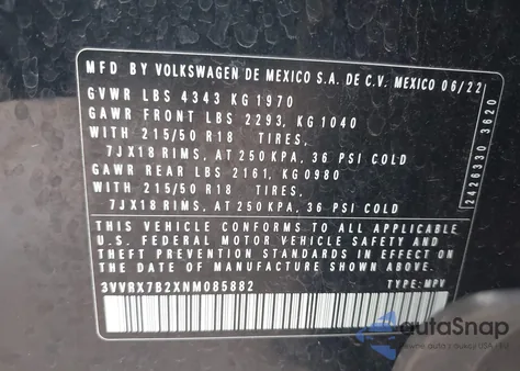 2022 Volkswagen Taos 1.5T Se z USA, uszkodzony, nr VIN 3VVRX7B2XNM085882